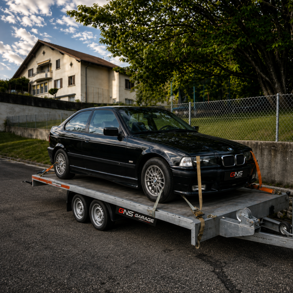BMW noire sur remorque devant GNS Garage